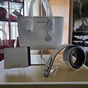 Michael Kors Jet Set Travel Extra-Small Logo Top-Zip Tote Bag + Wallet + Belt